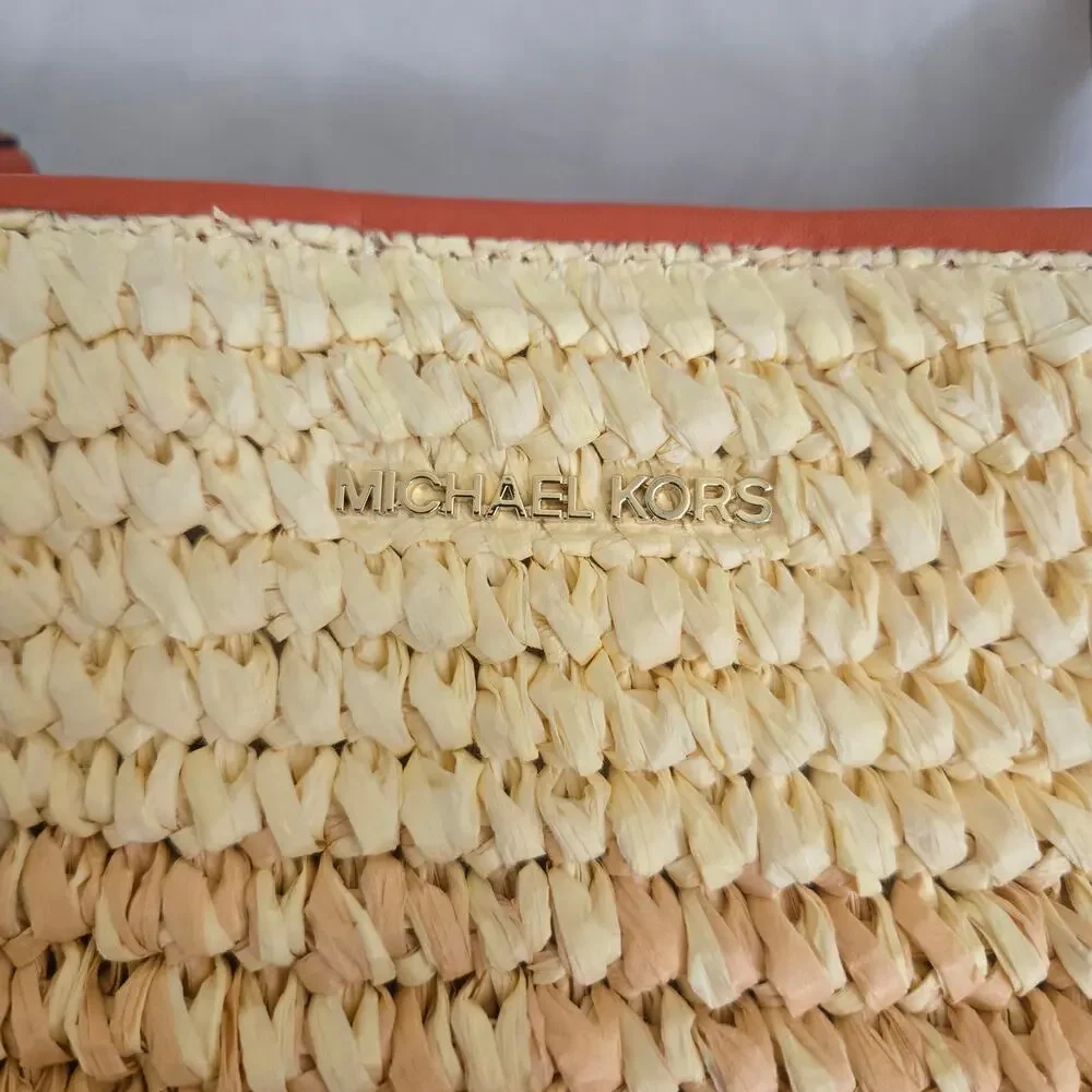 Michael Kors Pratt Medium Ombre Straw Shoulder Bag Red Clay Orange Summer Boho - Picture 5 of 15